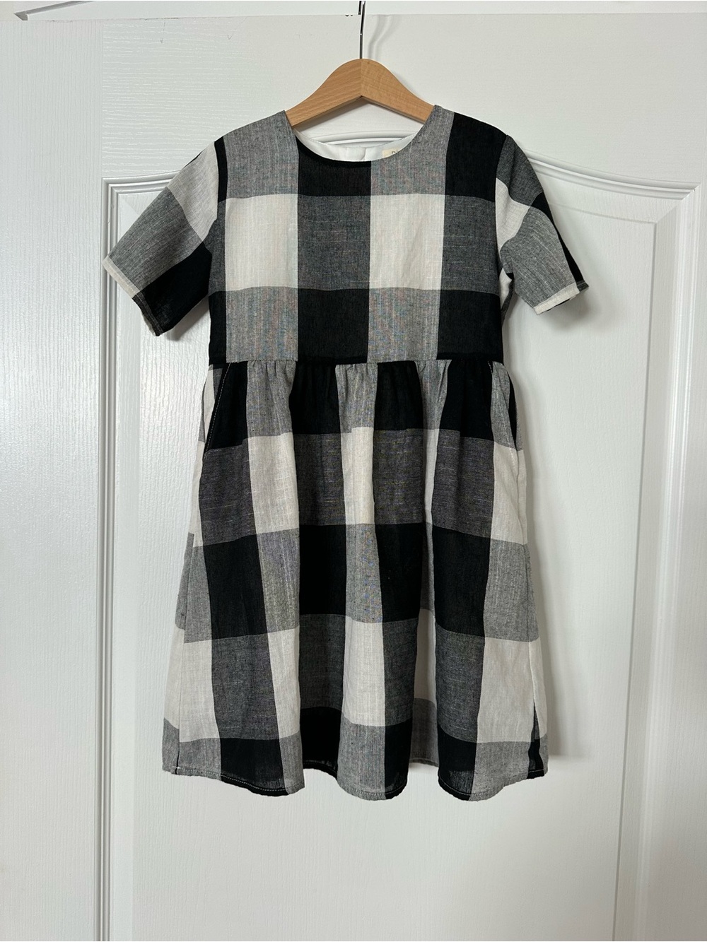 Roolee Black and White Buffalo Check Casual Kids Dress, plaid, size 7/8